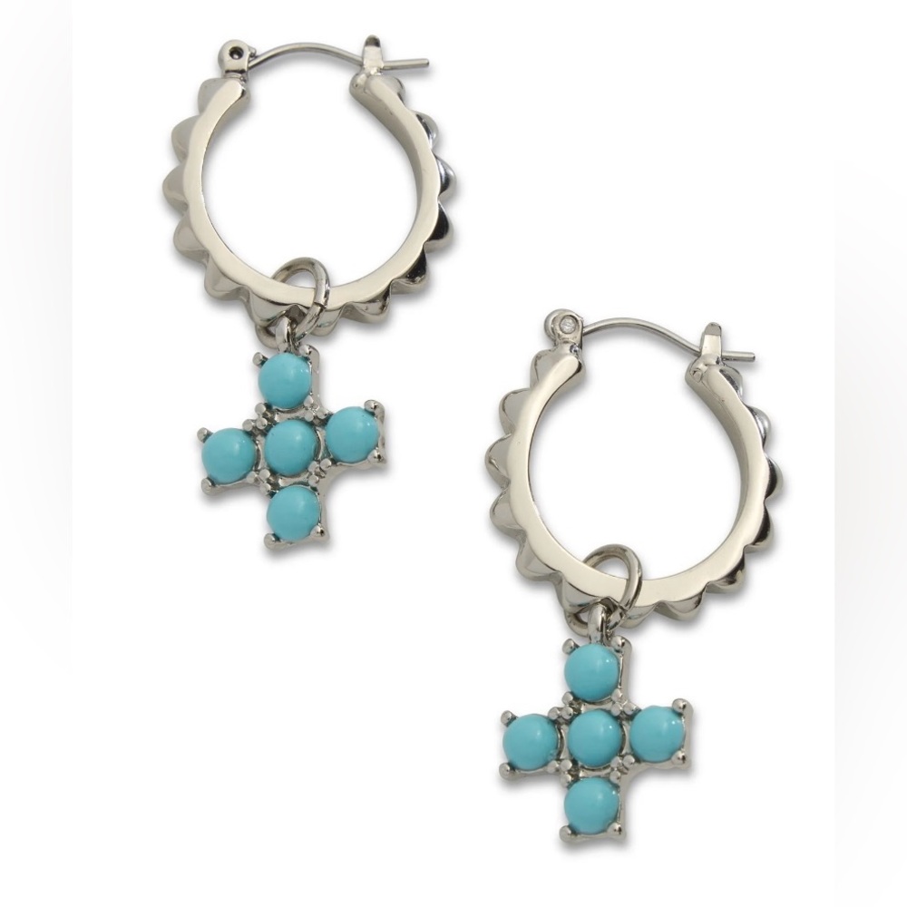 Madden NYC Turquoise Cross Charm Hoop Earrings Silver Tone Western Boho NWT - Picture 3 of 9